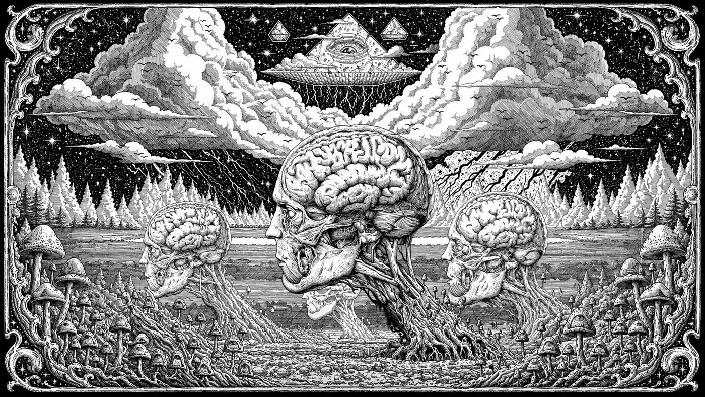 A surreal etched illustration of brains tethered to the earth beneath a UFO with an all-seeing eye